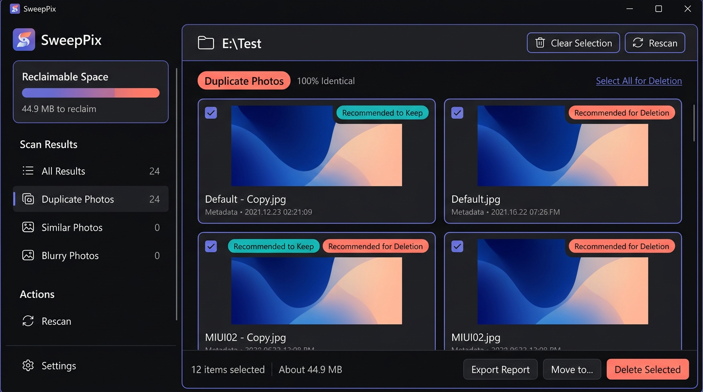 SweepPix results screen with grouped duplicate and similar photos