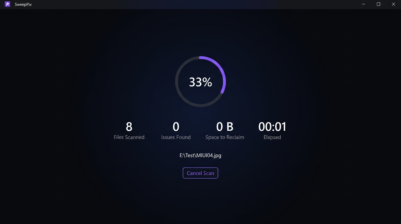 SweepPix scan-progress screen with file count and reclaimable space