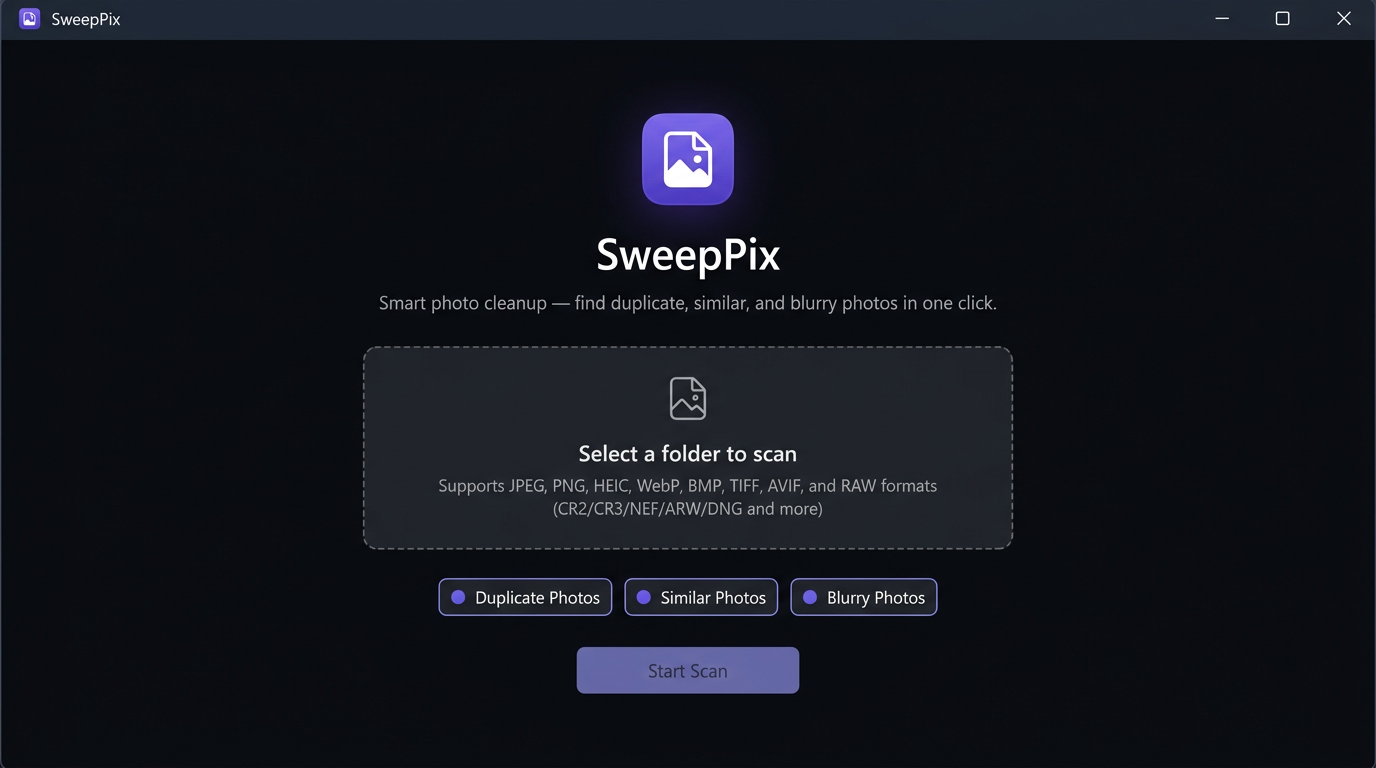 SweepPix welcome screen for selecting folders and photo detection options